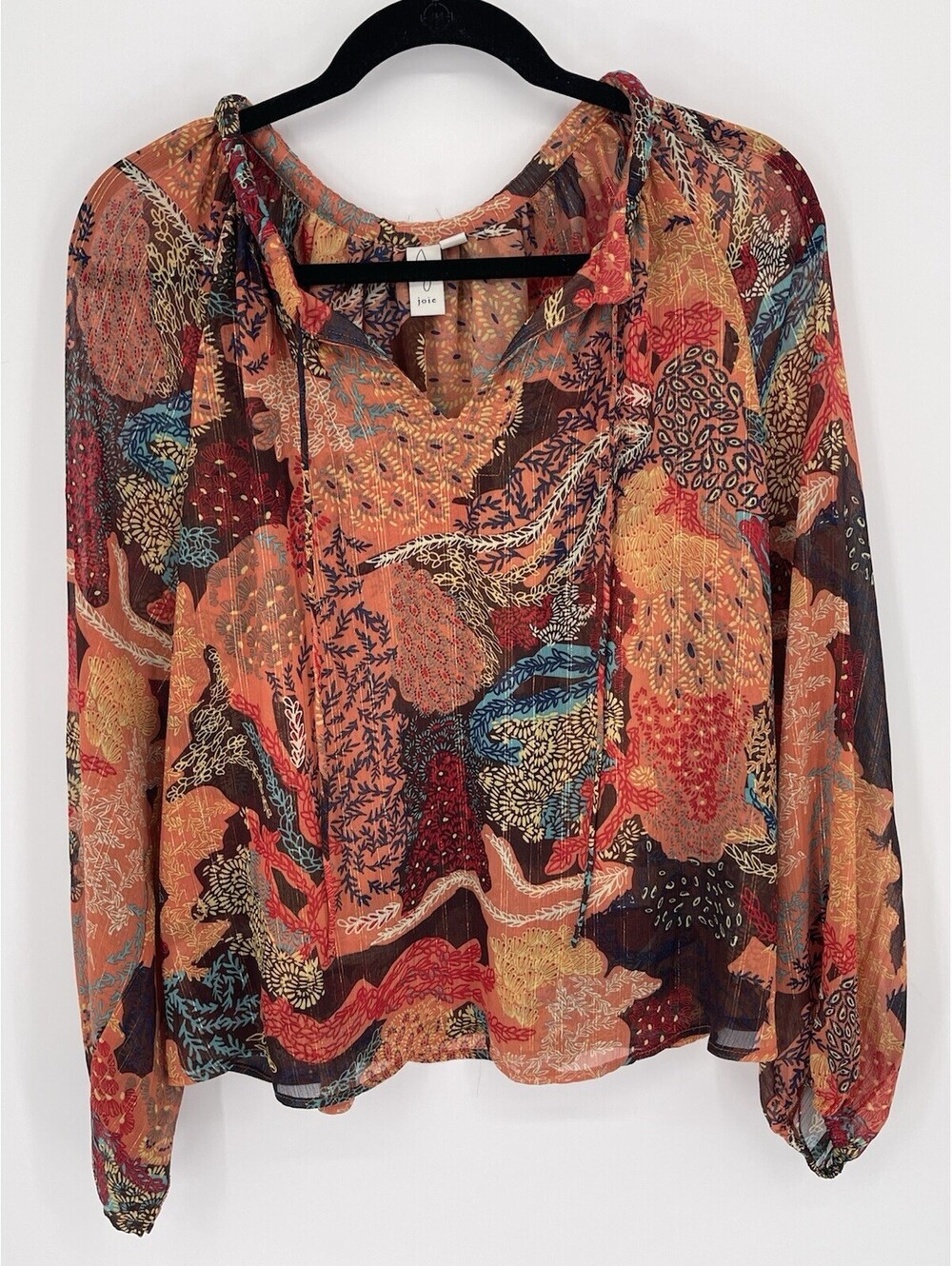 Joie Sheer Floral Print Peasant Blouse M Boho Tie Neck Metallic Top
